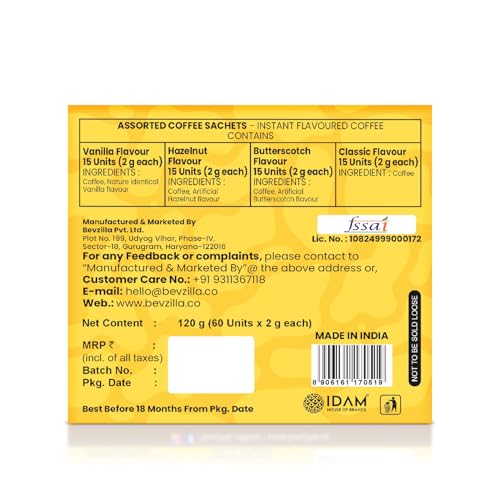 Bevzilla 60 Instant Coffee Powder Sachets (4 Flavours) 120 Grams|Hazelnut,Classic,Vanilla & Butterscotch|15 Pouches Each Flavour|Arabica Coffee|Perfect for Espresso,Latte,Cappuccino|Hot & Cold Brews