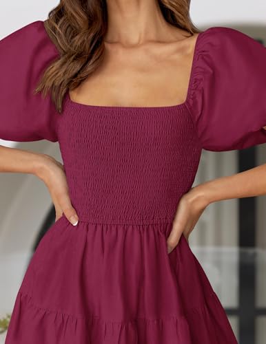 Image of ZESICA Women's 2026 Summer Puff Sleeve Midi Dress 2026 Boho Solid High Waist Flowy Beach Wedding Guest Long Dresses
