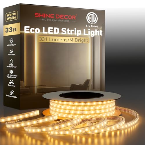 Image of Shine Decor LED Strip Light Easy Connectable, 2800K Warm White Cold Resist Weatherproof Plug-in for Indoor Outdoor, 101 LM /FT Dimmable Bright Eco Rope Lighting 32FT, 120V Whole Set ETL Listed