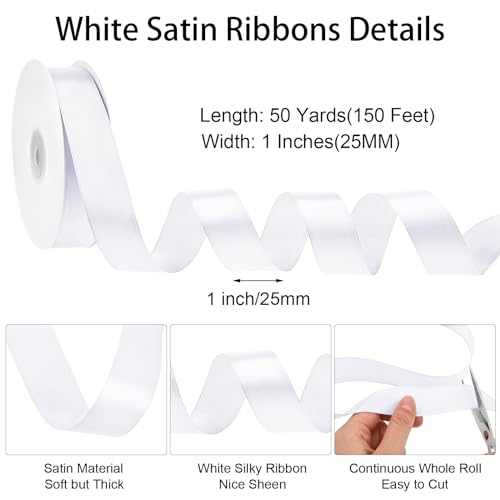 Image of woric White Ribbon 1 Inch 50 Yards White Bow Wedding Satin Ribbon for Bridal Shower Gift Wrapping Graduation Leis Gift Wrapping Hair Bows 4th of July Decoration