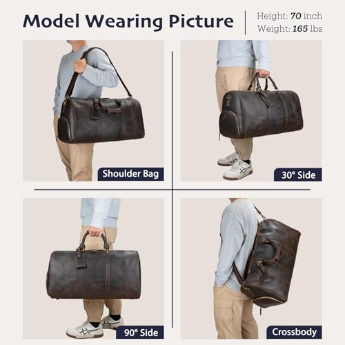 Leather Duffle Bags for Men with Shoe Compartment – 23.6" x 12.6" x 11" Travel Bag, Gym Bag, Also Suitable for Crossbody or Shoulder Carry, Dark Brown Large Size2
