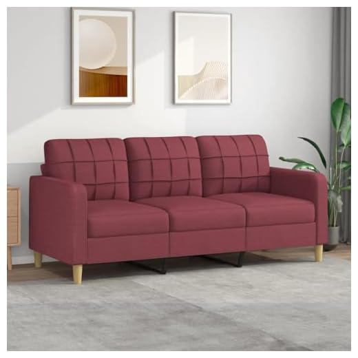 Festnight Sofá de 3 Plazas con Respaldo y Cojines Acolchados Patas de Madera Sofá de Salon de Tela Sintético para Dormitorio Oficina 180 cm Rojo Tinto