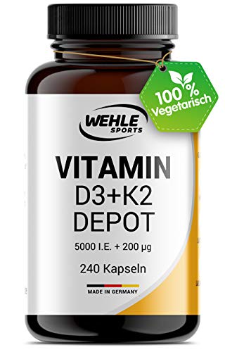 Vitamin D3 + K2 Kapseln 240 Stück - Hochdosiert mit 5.000 IE Vitamin D3 und 200 µg Vitamin K2 pro EINER Tablette - K2 MK-7 aus Natto >99% All Trans  Ohne Zusätze, Hergestellt in Deutschland