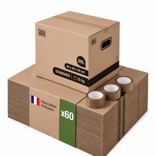 Pack and Move - Lot 60 cartons déménagement stockage livres - 40 x 30 x 30 cm - Poignées renforcées - 3 adhésifs offerts