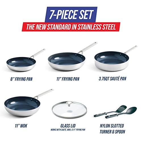Image of Blue Diamond Cookware Tri-Ply Stainless Steel Ceramic Nonstick, 7 Piece Cookware Pots and Pans Set, PFAS-Free, Multi Clad, Induction, Dishwasher Safe, Oven Safe, Silver