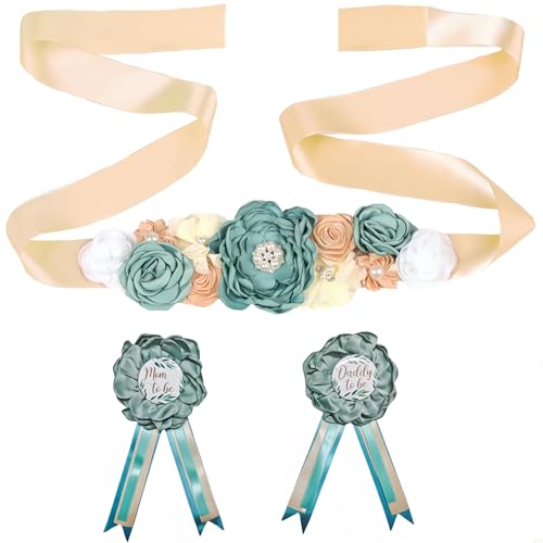 Lauthen.S Flower Maternity Sash Belt and Daddy To be Mom To be Corsage Set for Greenery ThemeBaby Shower Pregnancy Gender Reveal Party Photo Props