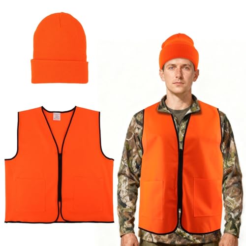 Yonderfume Orange Hunting Vest and Beanie with Pockets Blaze Orange Hunting Vest Outdoor High Visibility Safety Vests, Waterproof, Ultra-Quiet, for Fishing Camping(SIZE:XXL)