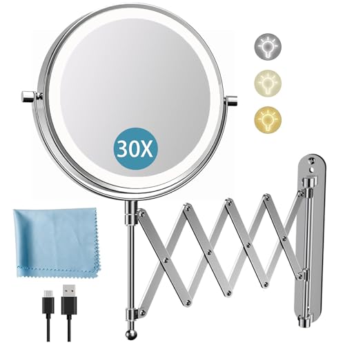 Rechargeable Wall Mounted Makeup Mirror - 8 Inch Double Sided 1X/30X Magnifying Mirror with 3 Color Lights Dimmable Touch Screen, 360°Swivel 19.6 Inch Extendable Accordion Bathroom Mirror - Chrome