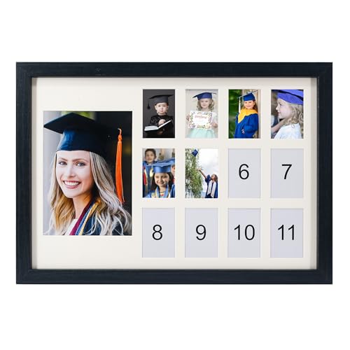 GMFrames School Days Photo Frame K-12 School Years Picture Frame Graduation Photo Collage Black Horizontal Frame with Mat, Displays One 5x7 Photo and Twelve 2x3 Pictures