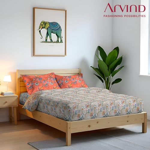 Image of Arvind Bedsheet Set - 100% Cotton Bedsheet for Double Bed (1 King Size Bedsheet with 2 Pillow Covers) Soft Breathable, 144 Thread Count - Slumber -Shade 10 (21031-B) | Natural