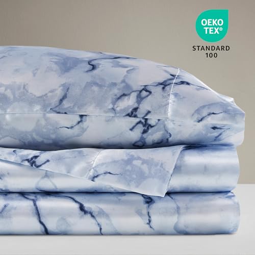 Image of Madison Park Essentials Satin Sheets Queen Size Bed Set, 4 Pcs, Blue Marble