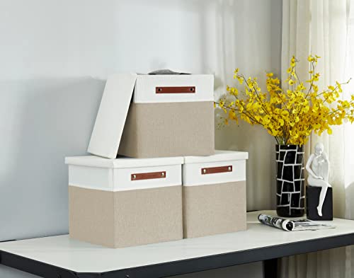 Image of DECOMOMO Foldable Storage Bin | Collapsible Sturdy Cationic Fabric Storage Basket Cube W /Handles for Organizing Shelf Nursery Home Closet (Beige & White, Cube with Lid - 13 x 13 x 13-3 Pack)