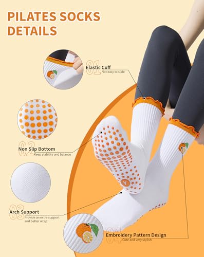 Image of Yawlsow Cute Pilates Grip Socks for Women Ruffle Frilly Yoga Socks Non Slip Cotton Crew Grippy Sock for Barre Workout