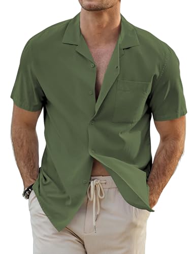 JMIERR Mens Linen Shirts Casual Short Sleeve Button Down Shirts Wrinkle Free Vacation Beach Summer Tops, L, Light Green