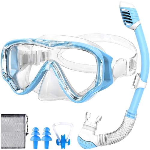 Schnorchelset Kinder, Tauchset Taucherbrille Kinder mit 180° Panorama HD Sicht, Anti-Nebel & Anti-Leckage, Strapazierfähiges Sicherheitsglas (Hellblau)