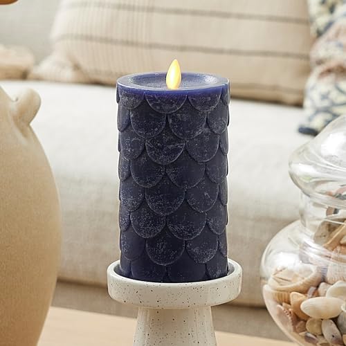 Image of Luminara Embossed Fish Scale Flameless LED Candle, Midnight Blue, 3.25 inch x 6.5 inch, Moving Flame Pillar, Battery Operated with Timer, Indoor