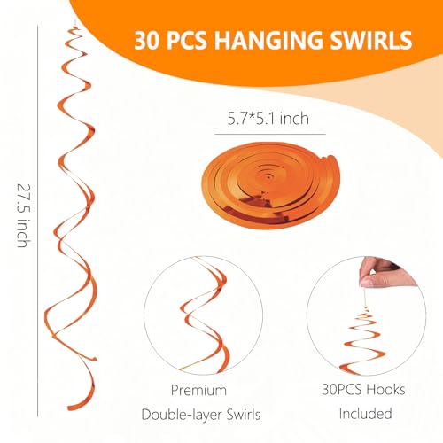 Image of Orange Hanging Swirls Party Decorations 30 Pack- Extra Long Double Swirl Ceiling Decorations for Halloween, Baby Shower, Christmas, Wedding, Birthday Decorations| Reusable Orange Streamers with Hooks