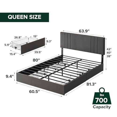Image of Zinus Billie Platform Bed Frame, Four Underbed Storage Drawers, Height Adjustable Headboard, Upholstered Style, Queen