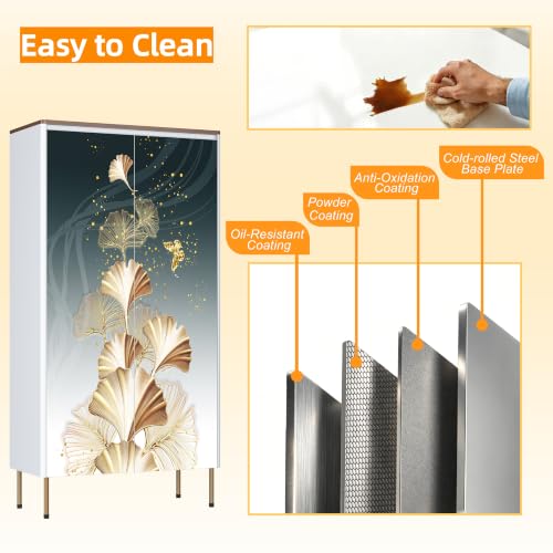 Image of 47 inch Metal Pantry Cabinet,White Kitchen Pantry Cabinets with Doors | Small Freestanding Storage Cabinet with Adjustable Shelves,Modern Cabinet for Living Room, Kitchen,Dining,Leaf Pattern