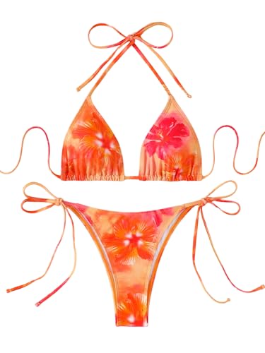 SEGT Womens 2 Piece Floral Print Halter Neck Tie Bikini Set Triangle String Thong Swimsuit Summer Bathing Suits for Women Orange Floral M