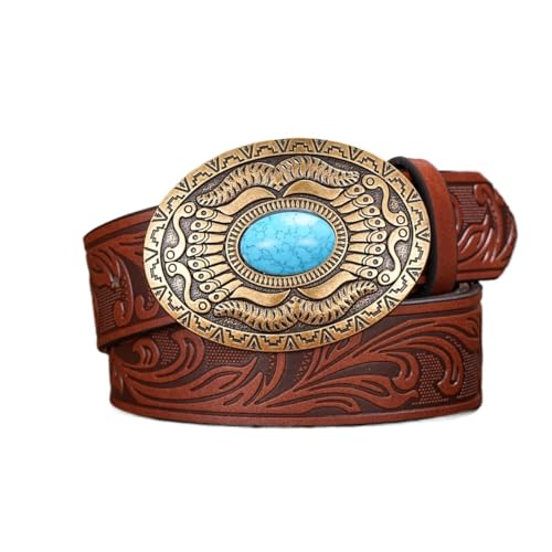 Ceinture western en cuir embossé floral avec boucle turquoise homme femme