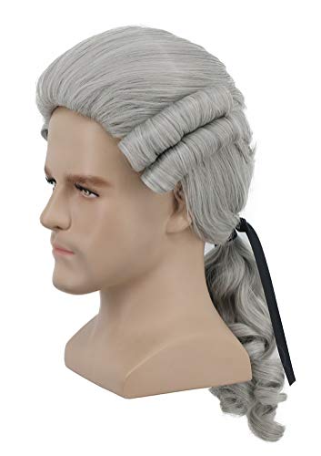 yuehong Adult Gentleman Long Curly Gray Lawyer Wig 18th Century Colonial Judge Wig Heat Resistant Synthetic Fibers Fluffy Breathable Costume Hair(Gray)