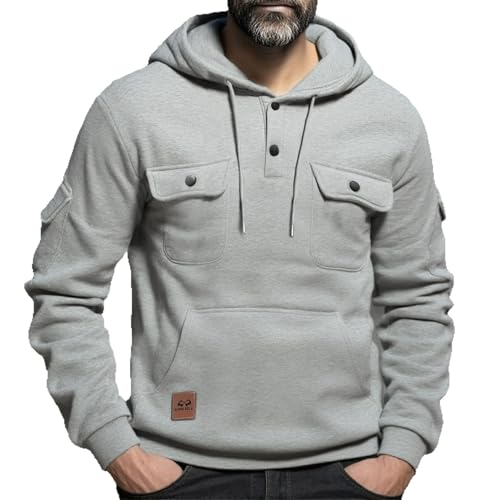 Cargo Hoodies for Men Trendy Button Up Cargo Pullover with Multi-Pockets Workout Gym Fashion Outdoor Sweatshirts