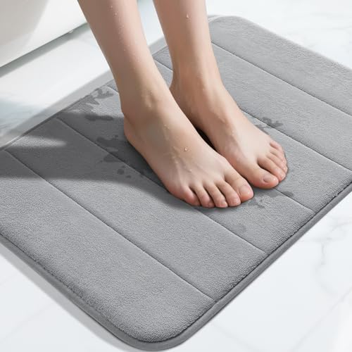 Yimobra Memory Foam Bath Mat, Super Soft Absorbent Bathroom Rug Non Slip, Quick Dry, Machine Washable Floor Carpet for Tub Shower, Home Decor Accessories, 24x17, Grey