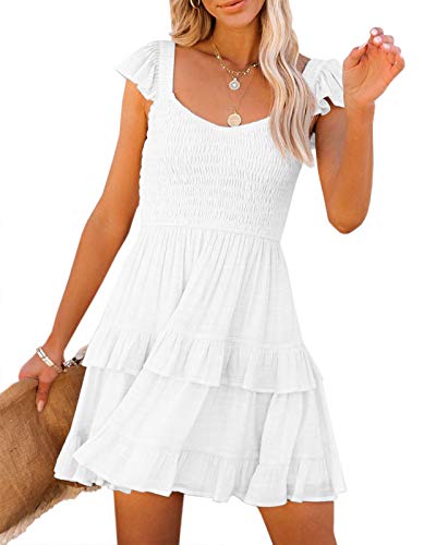 Women Summer Dresses Casual Boho Smocked Ruffle Sun Beach Babydoll Mini Dress Layered Flowy Swing Dress