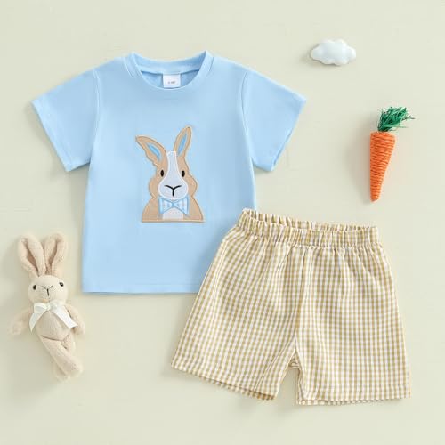 Image of Toddler Baby Boy Easter Rabbit Outfit Short Sleeve Bunny Carrot Smocked T-shirt Elastic Waist Shorts Summer Clothes