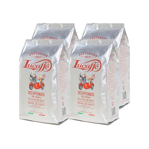 Lucaffé - Cafe en grano natural Decaffeinato, 4 bolsas de 700 Gr | Café en grano de especialidad italiana para espresso descafeinado | Tueste oscuro | Sabor dulce y afrutado, cremoso | Aroma intenso