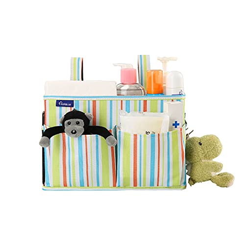 Image of Surblue Bedside Caddy Hanging Bed Organizer Storage Bag Pocket for Bunk and Hospital Beds, College Dorm Rooms Baby Bed Rails,Camp Chiars,Wheelchair Side Bag,4 Pockets and 2 Hooks (Green Stripe)