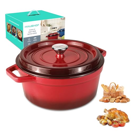 HAUSHOF 5.3QT Enameled Cast Iron Dutch Oven with Lid, Non-Stick Pot for Sourdough Bread Baking, Stewing, Rosting, Island Spice Red by HAUSHOF - Used condition - US$27.99