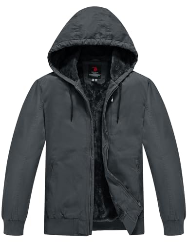 Rdruko Men's Work Jackets Flannel Lined Insulated Cotton Workwear Hooded Winter Coats(Iron Gray, US XL)