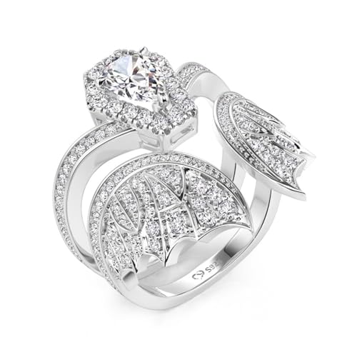 Image of Jeulia Unique Gothic Design 925 Sterling Silver Pear Cut Bat Coffin Promise Engagement Wedding Ring Set with Diamond Wings Bridal Jewelry Gift Box