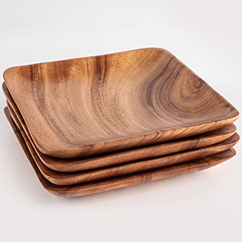 Contemporary Square Acacia Wood Plate / Chargers (Set Of 4): 7" Handmade Modern Style Wooden Dinner Server Trays Eco-Friendly Sustainably Made Kitchen & Dinnerware #TOP3