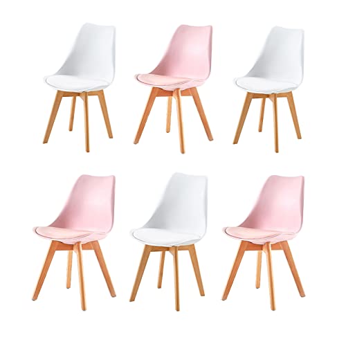 H.J WeDoo Lot de 6 Chaises de Salle à Manger Scandinaves, Chaises de Cuisine Design avec Rembourrée et Bois de Hêtre Massif, Blanc + Rose Cover
