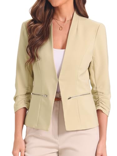 Allegra K Open Front Blazer for Women's 3/4 Ruched Sleeve Suit Jacket Work Office Casual Blazers with Zipper Pockets