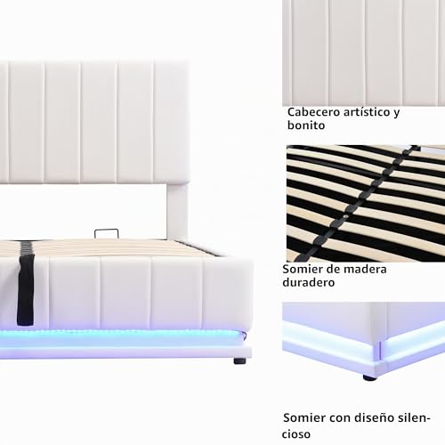 Miniatura 5 de Moimhear Cama Tapizada De 140 X 200 Cm Con Led, Somier De Metal Y Cajón, Cama Doble Con Cabecero Acolchado En Altura Y Espacio De Almacenamiento Hidráulico 140 X 200 Cm