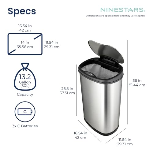 Image of Ninestars 13 Gallon Oval Automatic Trash Can, 50L Touchless Motion Sensor Garbage Can with Odor-Sealing Lid & One-Touch Manual Mode, Silver Stainless Steel, Black Trim