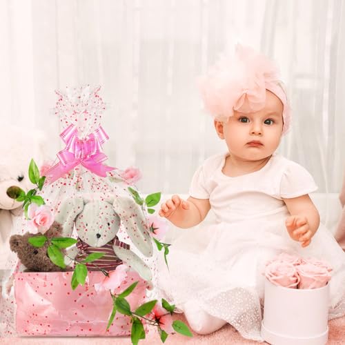 Image of Rainmae Baby Shower Storage Basket with Gift Bags Ribbons, Pink Girls Nursery Toys Baskets, Large Canvas Storage Bin with Handles for Organizing Toy Home DIY Gift Basket for Baby Shower Birthday Party