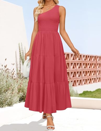 Image of ZESICA Women's 2026 Bohemian Summer Floral Print One Shoulder Sleeveless Smocked Ruffle Tiered Beach Long Midi Dress