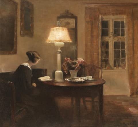 Toile 58 x 90 cm Carl Vilhelm Holsoe pour insuffler la sérénité d'une femme lisant chez soi