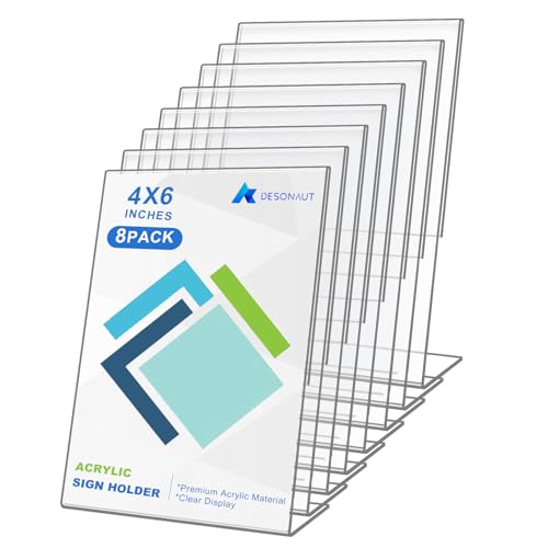 DESONAUT 8 Pack Acrylic Sign Holder 4 x 6Inches，Clear Plastic Sign Holder Paper Photo Display，Menu Table Top Stand，Clear Acrylic Picture Frame Slanted Back，Flyer Holder（Vertical）