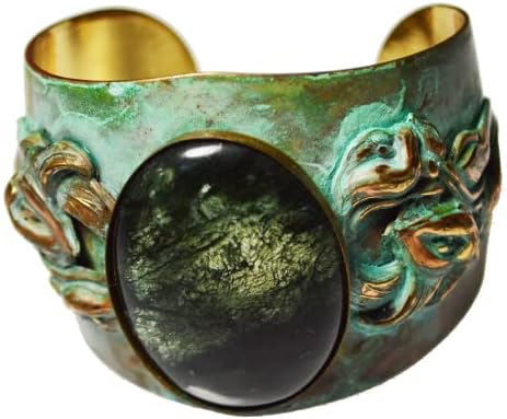 Elaine Coyne Collectible Artwear Verdigris Pátina Brass Art Nouveau - Cabujón grande de ágata musgo, fabricado en Estados Unidos, Latón, ágata