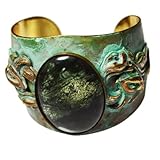 Verdigris Patina Brass Art Nouveau Graduated Cuff Large Moss Agate Cabochon Made in USA