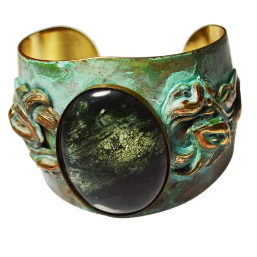 Verdigris Patina Brass Art Nouveau Graduated Cuff Large Moss Agate Cabochon Made in USA