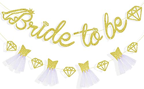 Gold Bride to Be Banner Sign Party Decorations - Double Sided Glitter Paper 3D Wedding Dress Diamond Garland Bunting for Bridal Shower Wedding Engagement Bachelorette Hen Party Decoration Supplies