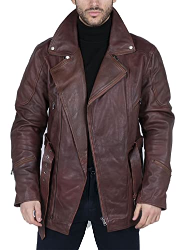 Veste en Cuir Noir pour Homme Moto avec Fermeture éclair Diagonale avec Protections CE - Marron M