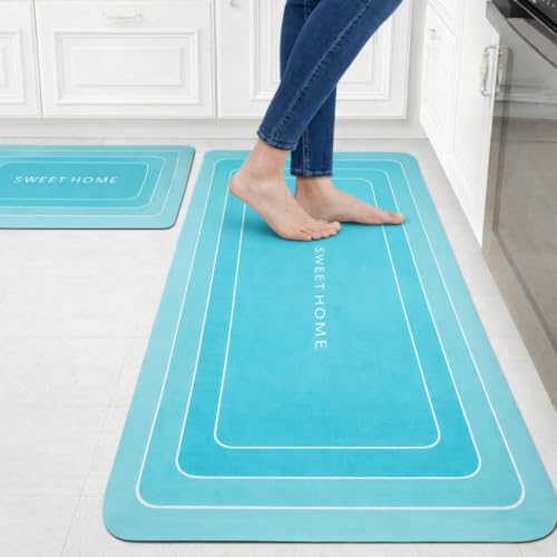 Image of Amazon Brand - Solimo Silicone Kitchen & Bath Mat (Pack of 2) | Light Blue| Anti-Fatigue Comfort Foam | Waterproof & Anti-Slip | 60 x 40 cm & 40 x 120 cm| Quick-Dry & Easy Clean